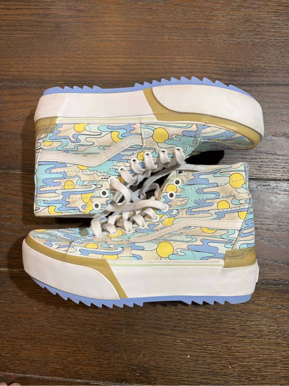Vans women’s High-Top Canvas Sneakers in Pastel Blue & Yellow
